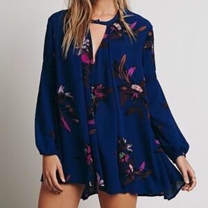 FREE PEOPLE Size Small Blue Electric Orchard Tree Swing Floral Mini Dress /top